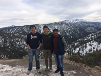 Ziwei, Xiang, and Pratik on the way up to our lab retreat, 2016